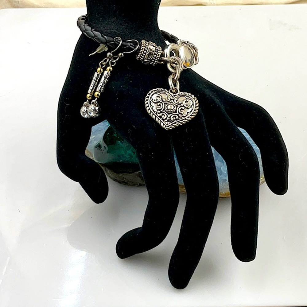 Brighton Silver and Gold Earrings Set & 7 1\2” Black Leather Bracelet W/Heart